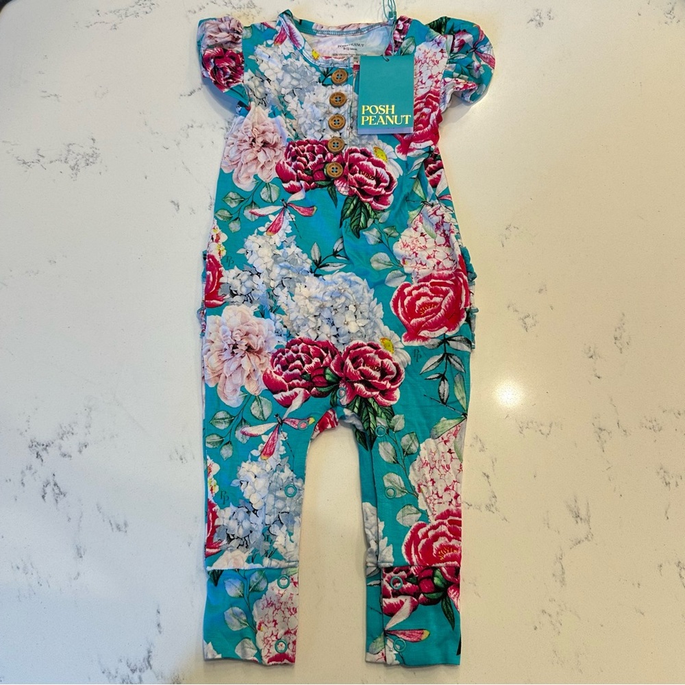 NWT Posh Peanut Eloise Floral Ruffle Romper size 9-12 months